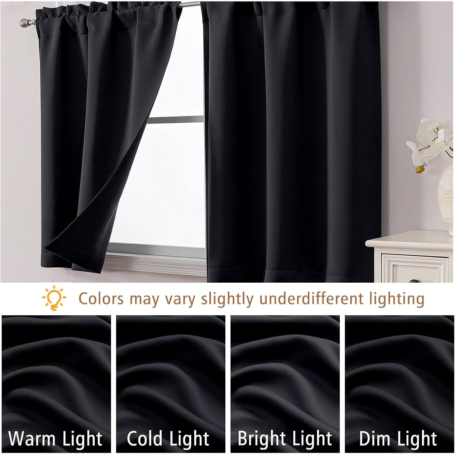 Black Blackout Curtains for Small Window Treatment, Light Blocking Short Kitchen