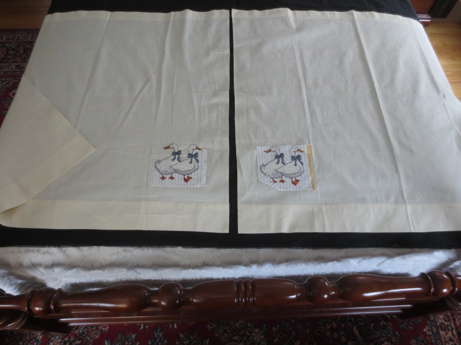 4 Handmade EMBROIDERED NATURAL MUSLIN CURTAIN PANELS & 1 VALANCE – 37″W x 34.5L