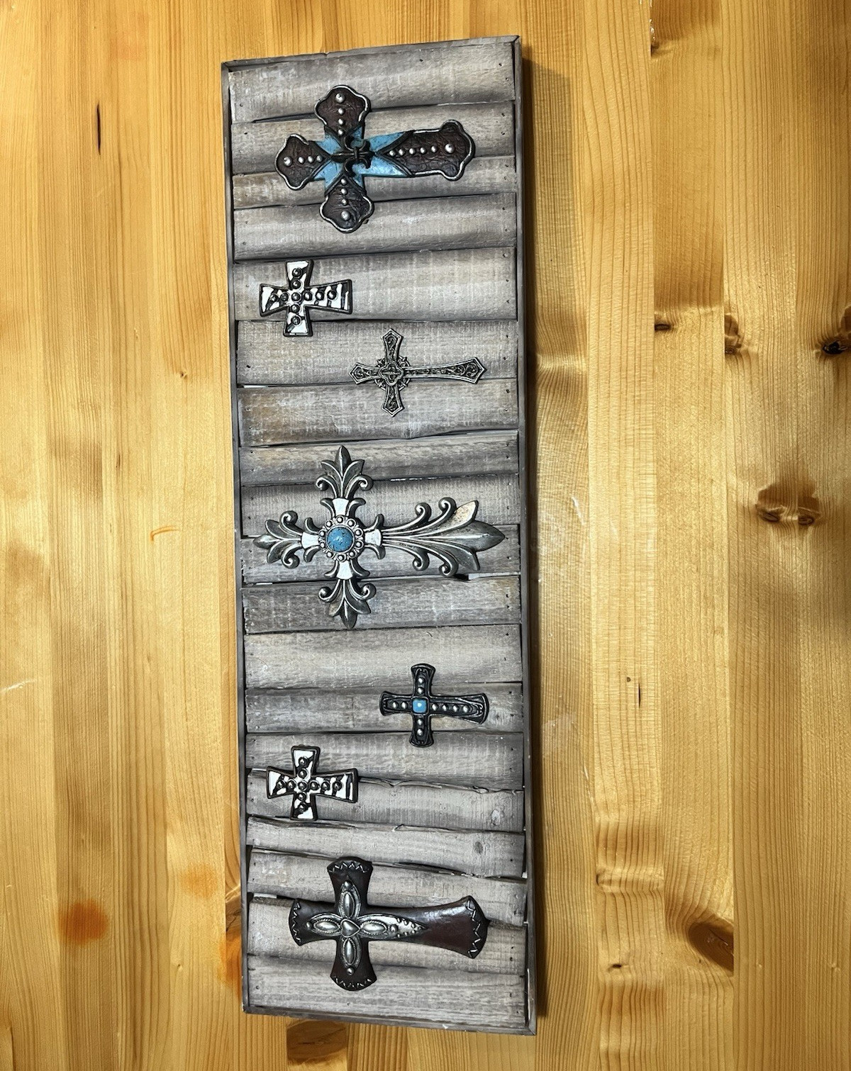 Wood Solid Panel Shutter Wall Decor w/ Decorative Crosses Gray/White Indoor