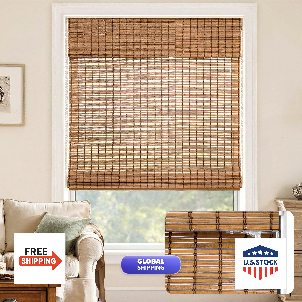 Lazblinds No-Drill Cordless – Natural Wood Easy Install Bamboo