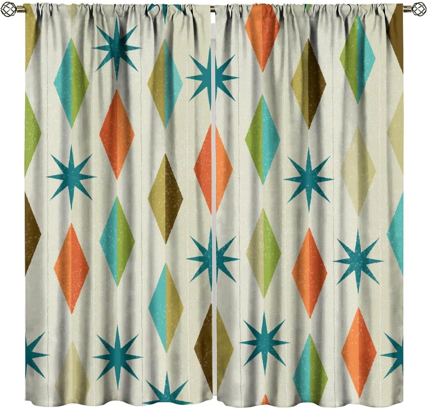 Mid Century Blackout Curtains Abstract Teal Green Yellow Orange Geometric Retro