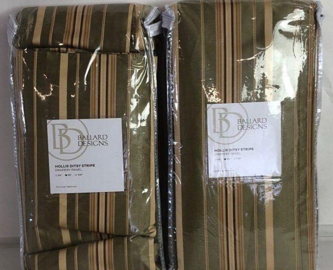 NEW Drapes Set Of 2 Ballard Designs Panels 50×96” Striped Sage Gold Brown