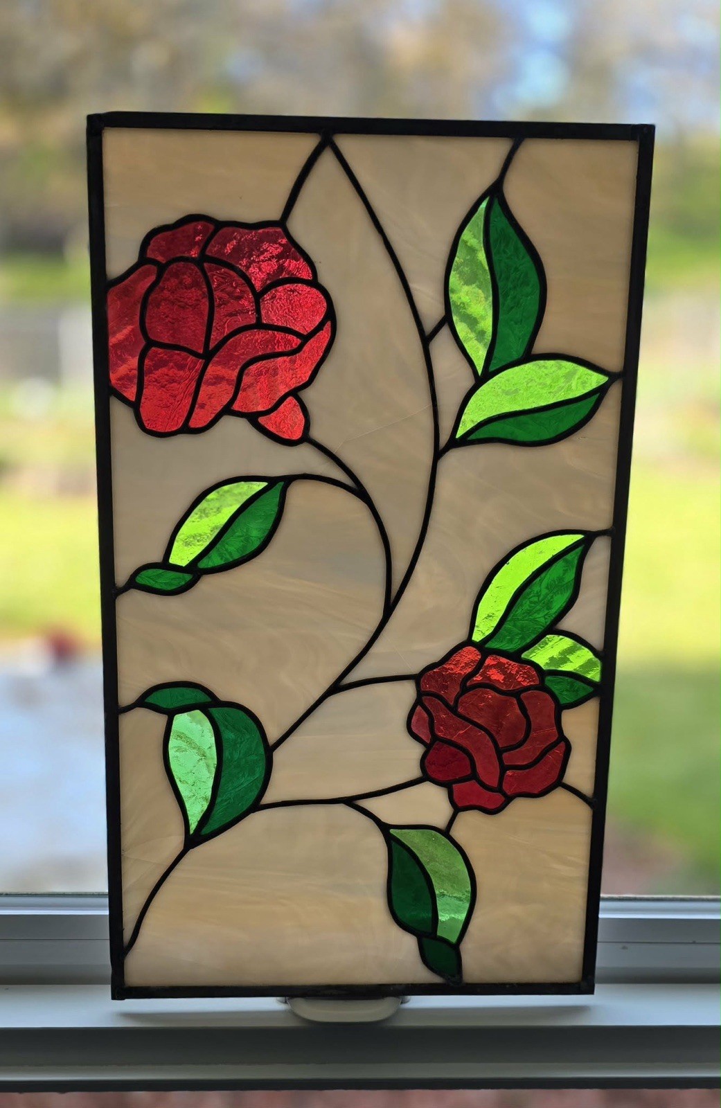 Stained Glass Red Rose Suncatcher Window Art Decor 17.5×10.5″ Vintage