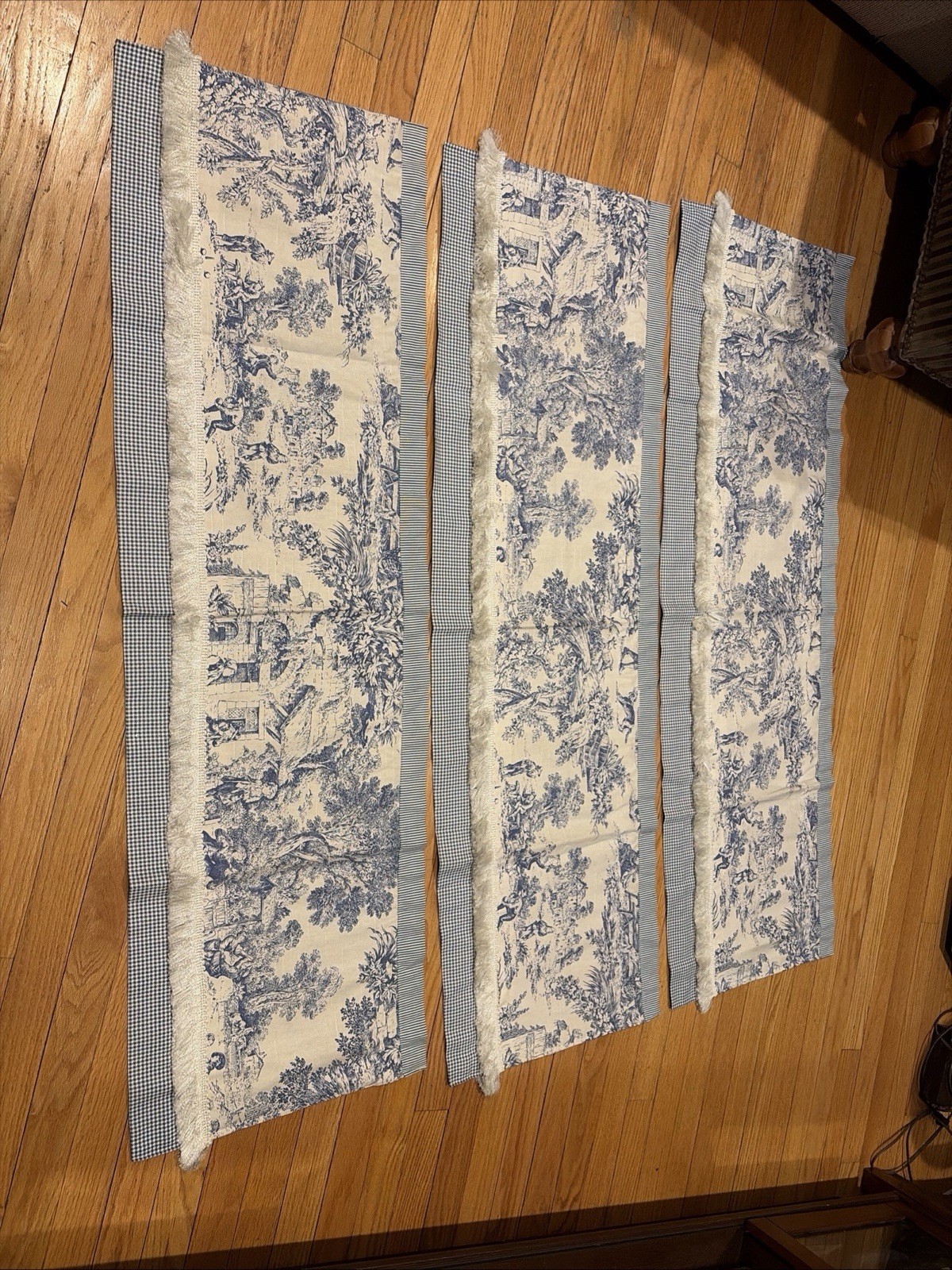 Set 3 Gingham Toile Valances Country Blue/Cream w/ Fringe-Each is 52″ x 16″