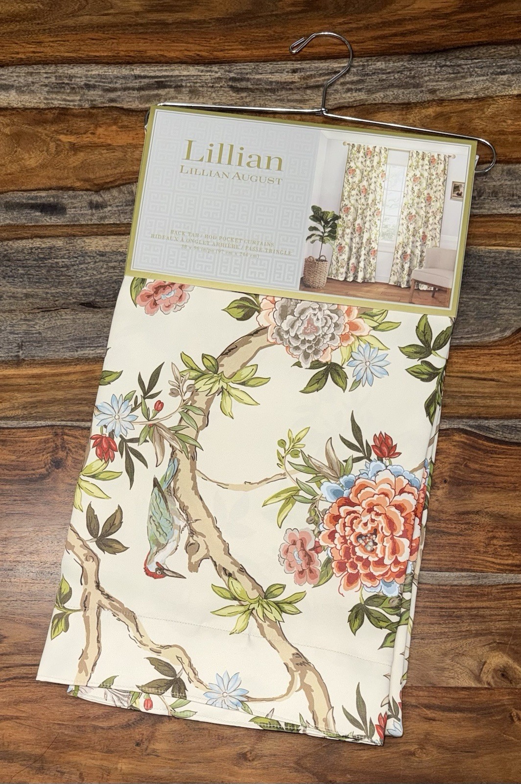 Lillian August Window Curtains 2 Panels 38 x 96″ Cream Birds Drapers Back Tab