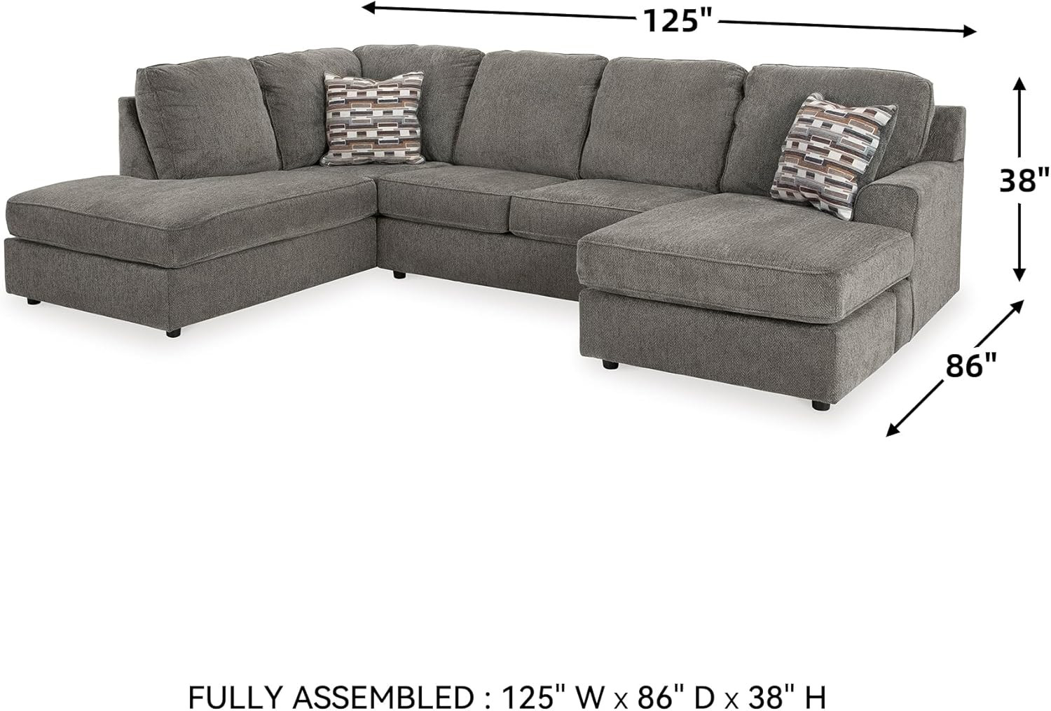 Gray Herringbone Chenille 2-Piece Sectional with Chaise & Pillows