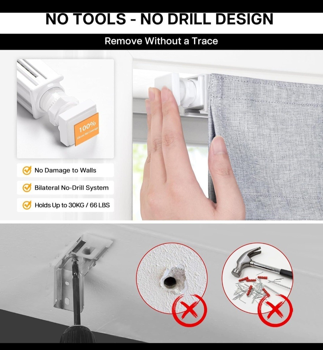 LazBlinds No Drill Cordless Blackout UV Protection Polyester 27″ W x 64″ H, Grey