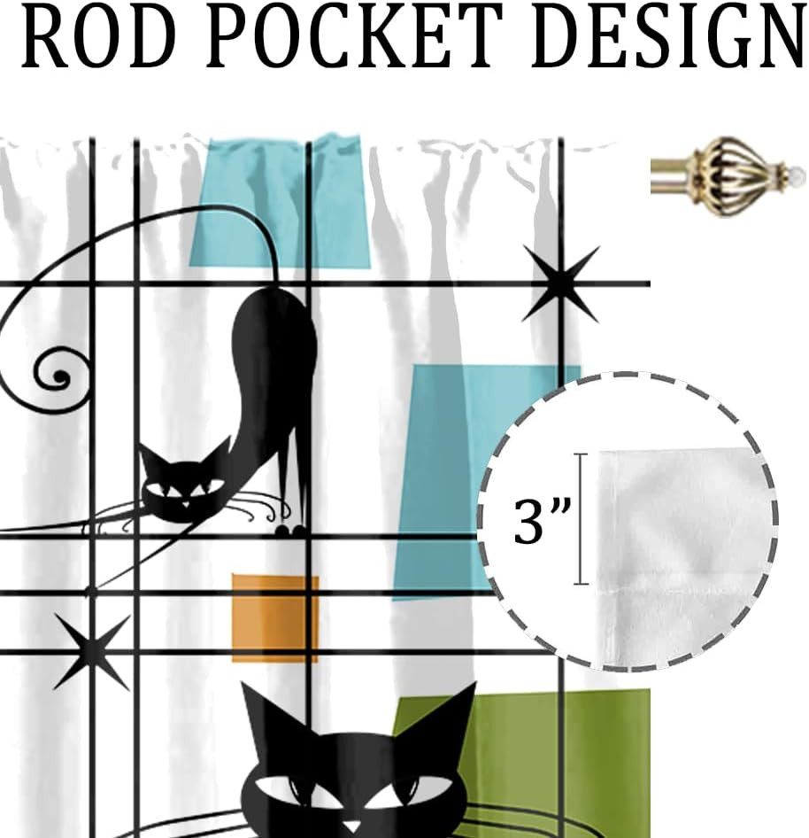 Modern Mid Century Black Cat Blackout Curtains,Abstract Rainbow Colorful Geometr
