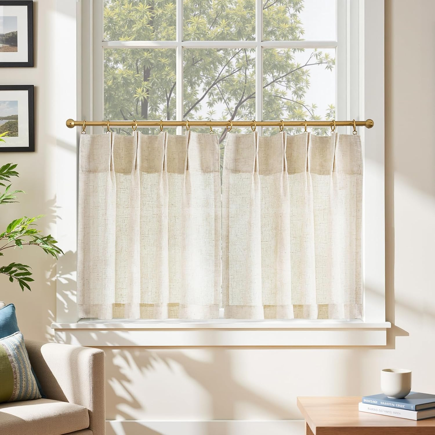 Linen Pinch Pleated Back Tab Tier Curtains,26X24,2 Panels,Natural | Light Filter