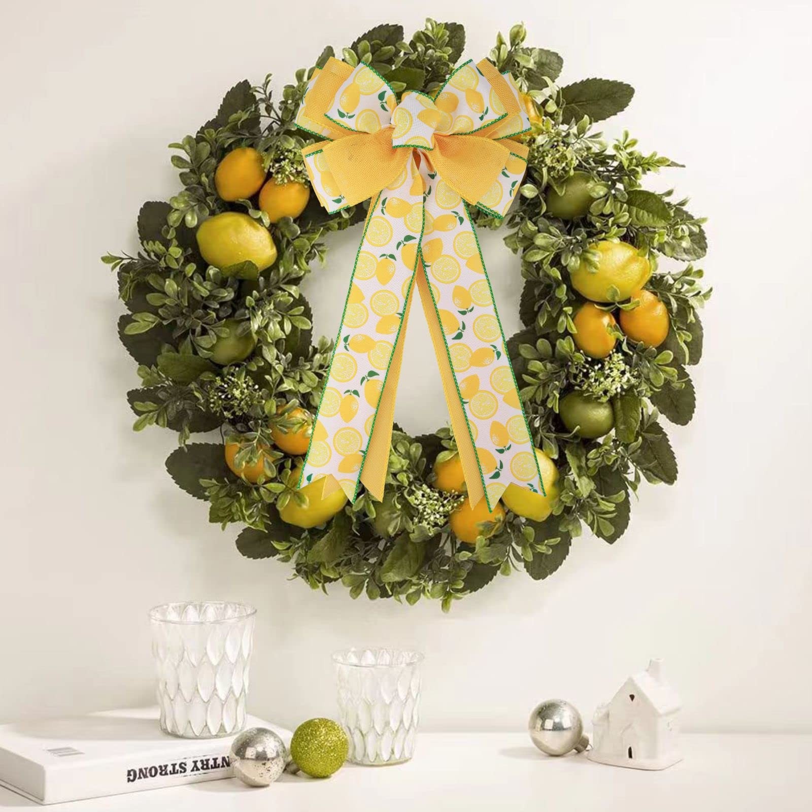 1 PCS Summer Lemon Fruit Wreath Bow Rustic Ribbon Ornaments 20×10 Inch