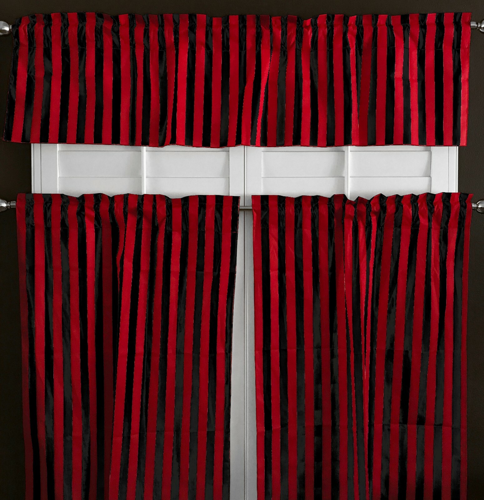 Poly Cotton Striped Print 3-Piece Kitchen Valance/Tier Café Curtain Window Set