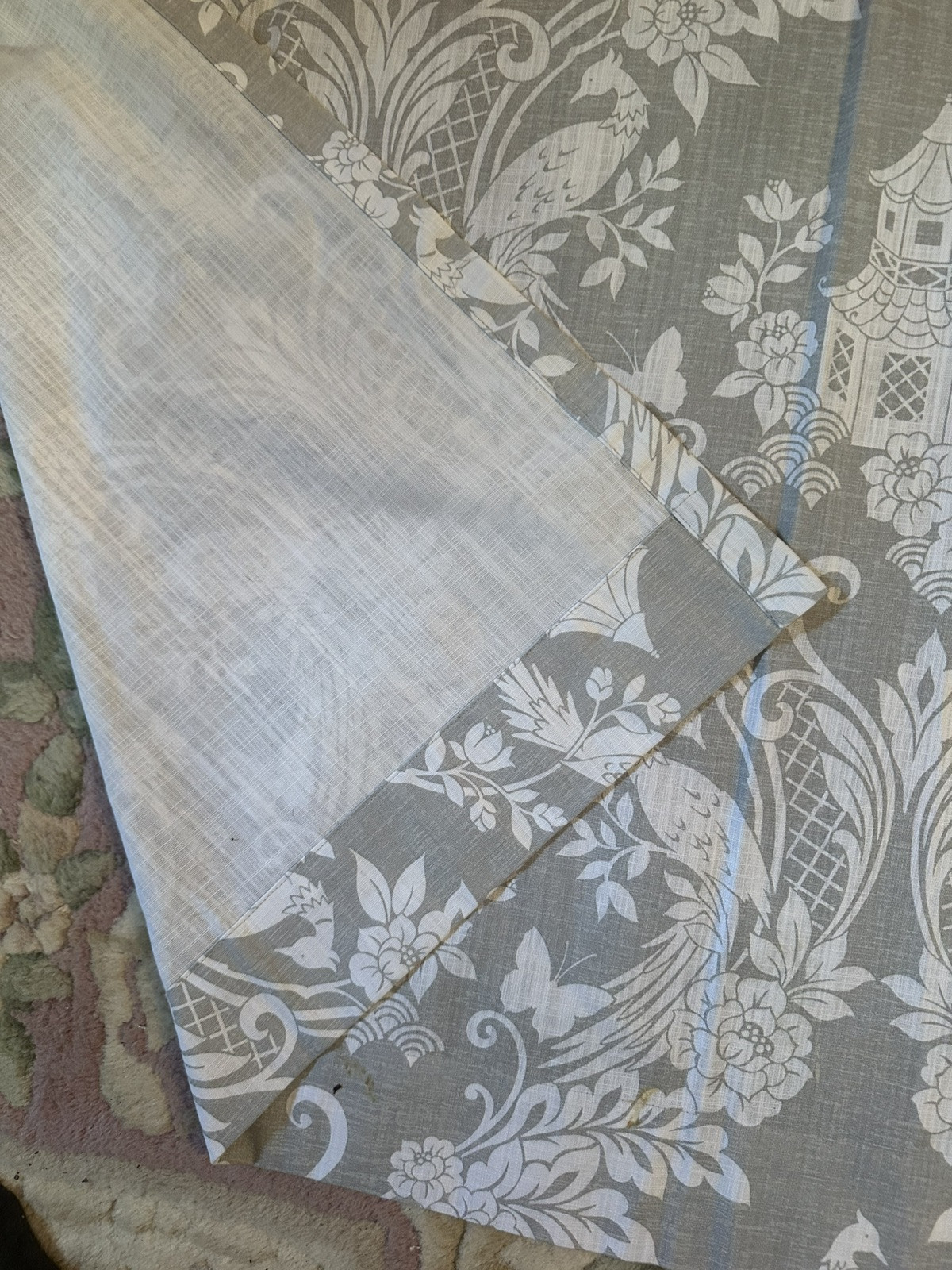 3 Nicole Miller Curtain Panels Peacocks Floral Grey white 100% Cotton 96″X51″