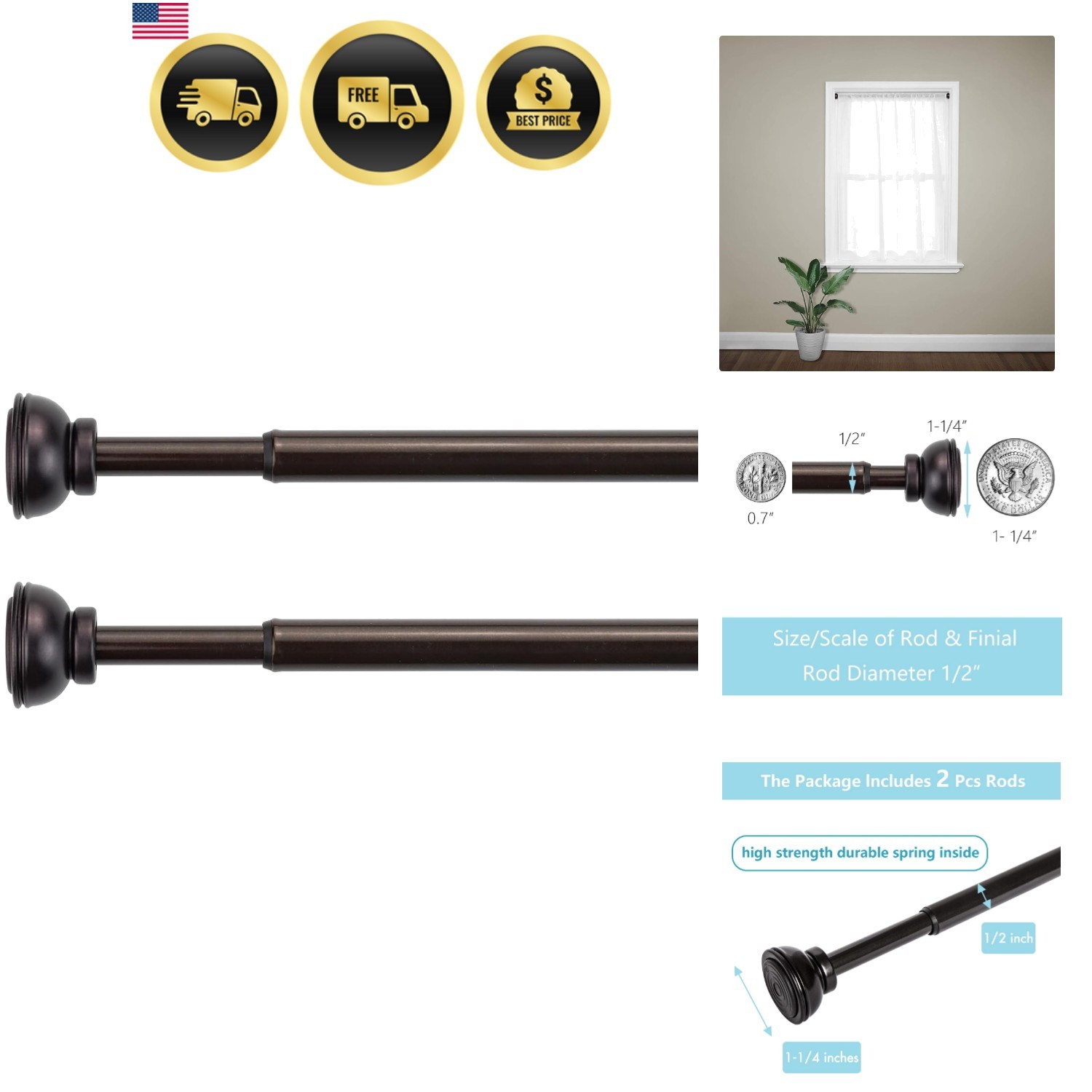 2 Pack Spring Tension Curtain Rod, 1/2- inch Decorative Tension Drapery Rod f…