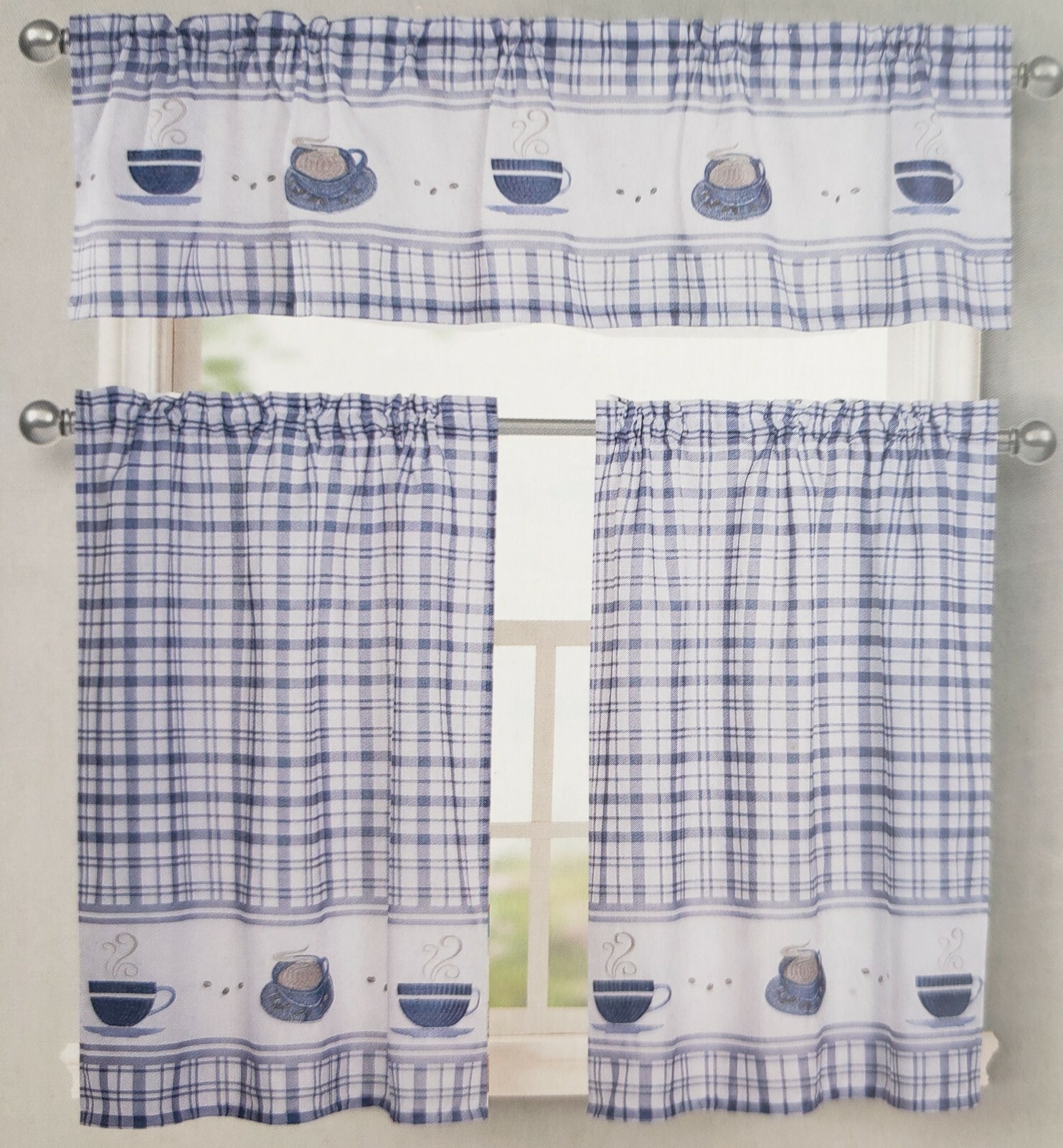 Embroidered Kitchen Window Curtains Set:2 Tiers & Valance(56×15″) COFFEE CUPS,RH