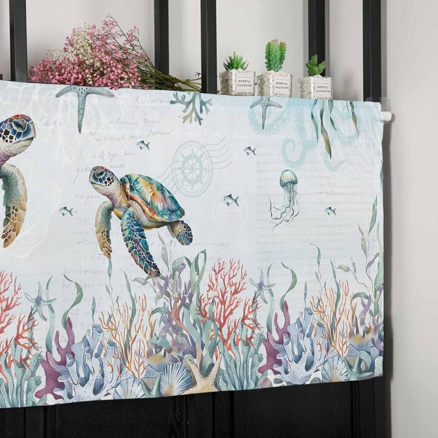 Teal Blue Turtle Coastal Valances Window Treatment Farmhouse Decor, Summer Be…