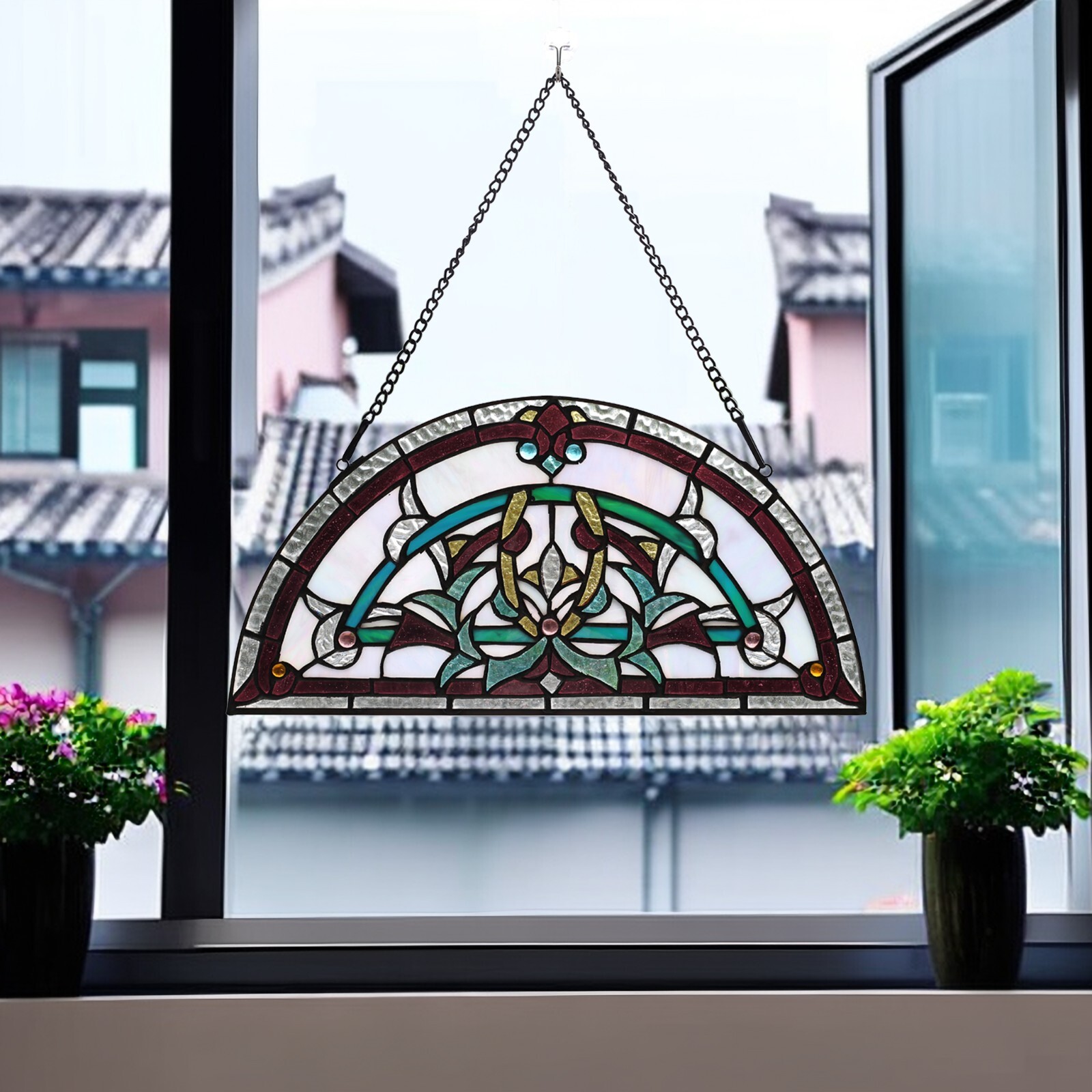 BWKOIUJES Tiffany Style Green Plants Stained Glass Window Panels Semicircle