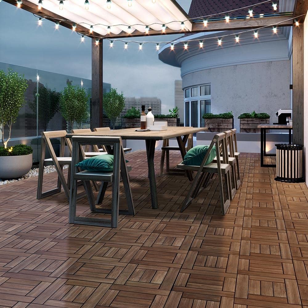 27PCS Patio Deck Tiles Interlocking Wood Decking Floor Tiles 12 x 12in Brown