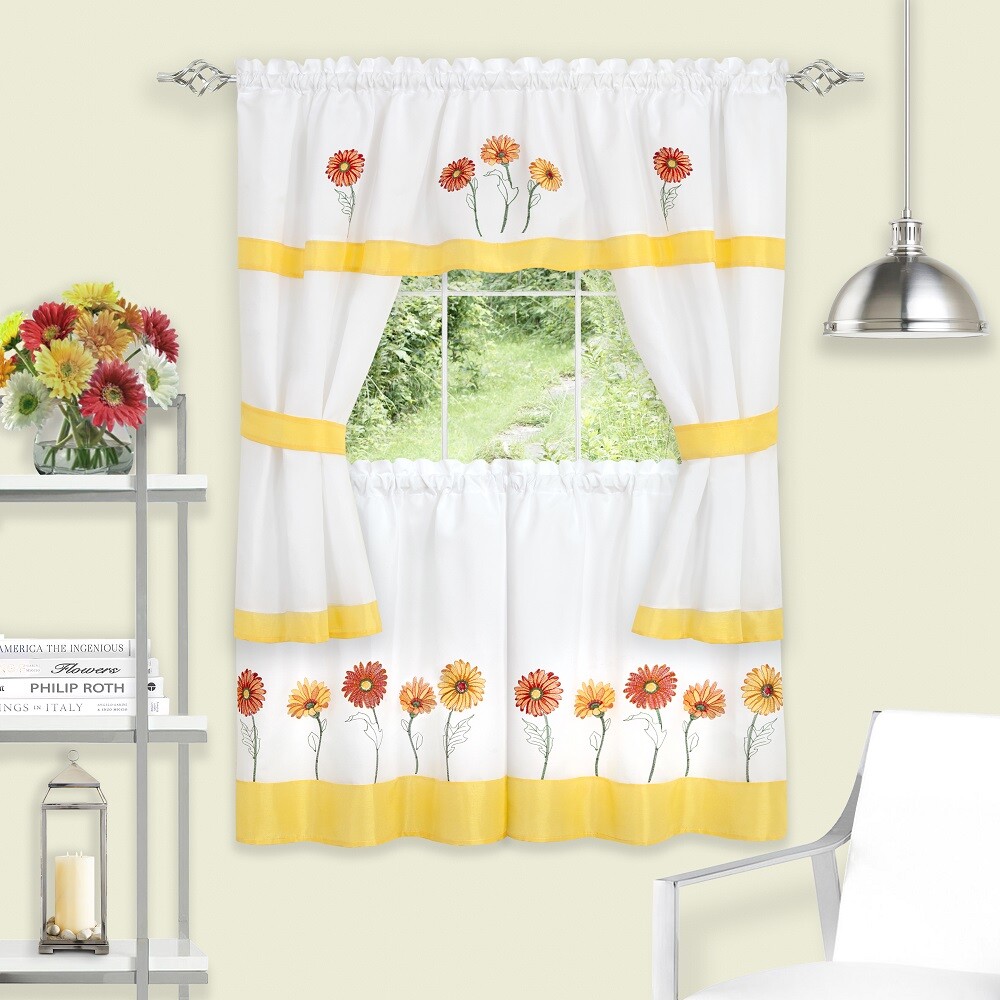 PowerSellerUSA Daisy Art Rod Pocket Polyester Tier and Swag Window Curtain Set