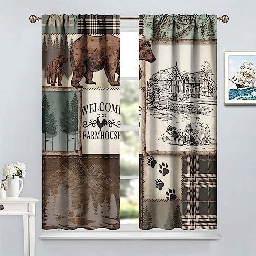 Farmhouse Bear Deer Curtains, Rustic 20.5″W x 45″L (Pack of 2) Retro Style-1
