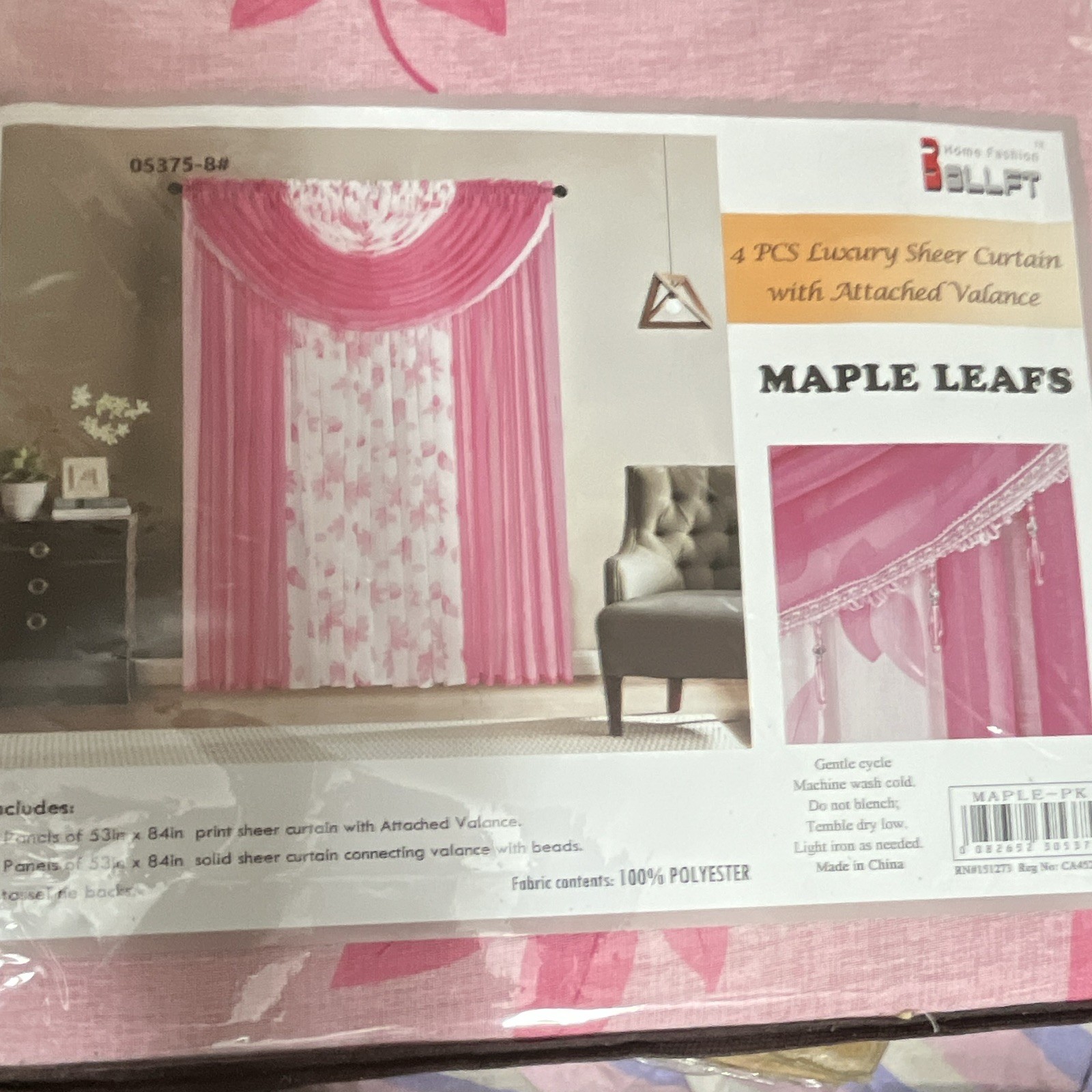 Home Fashion Pink/White Sheer Floral Curtain & Pelmet Set 53×84 Rod Pocket