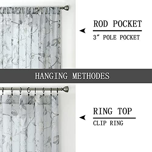 Sheer Tier Curtains Grey Flower Leaf Printed Floral Embroidered Half Window