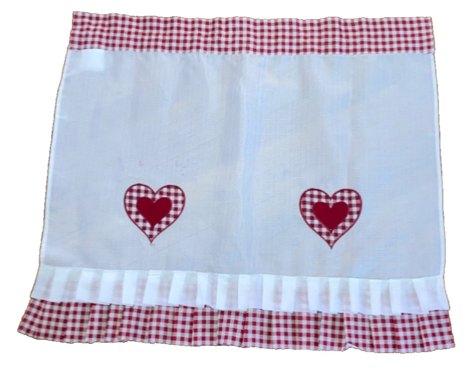 Farmhouse White Red Gingham Embroidered Heart Valance Set 26″ L X 28″ W