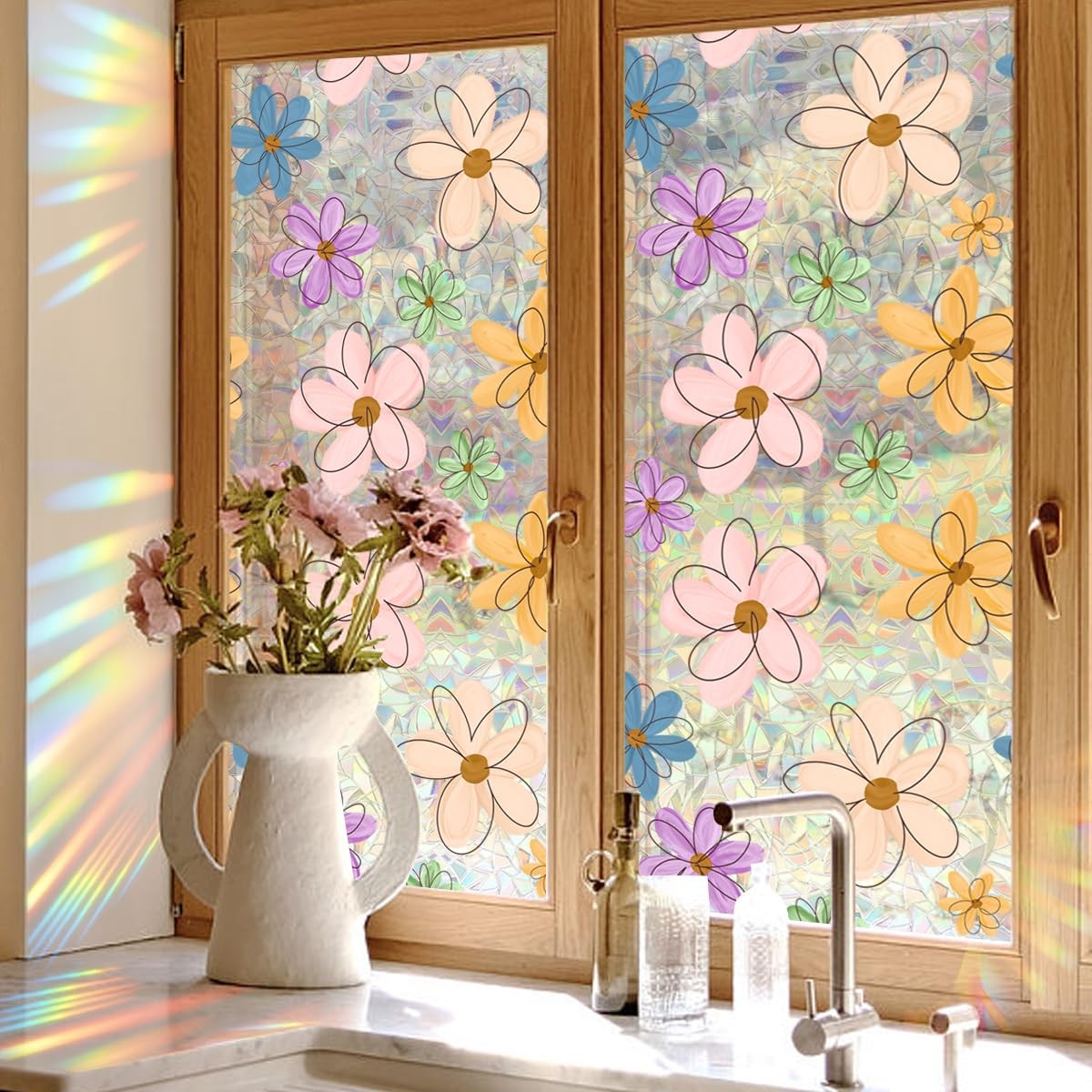 Runtoo Window Privacy Film Rainbow Daisy Flower 15.75*40 in,