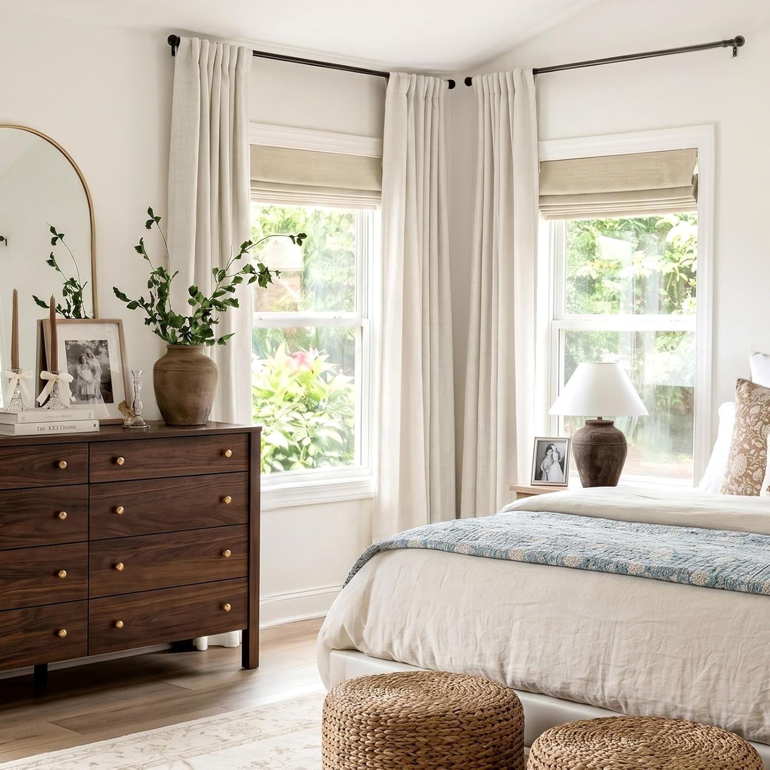 100% Blackout Curtains for Bedroom, Beige White Black Out Curtains 84 Inch Long,