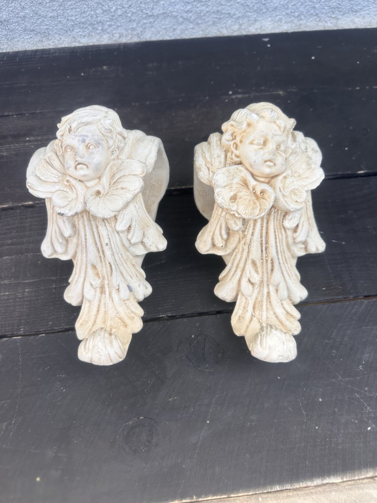 Vintage Plaster Curtain Rod Sconce Set with Roman Cherub Design Angel Wings