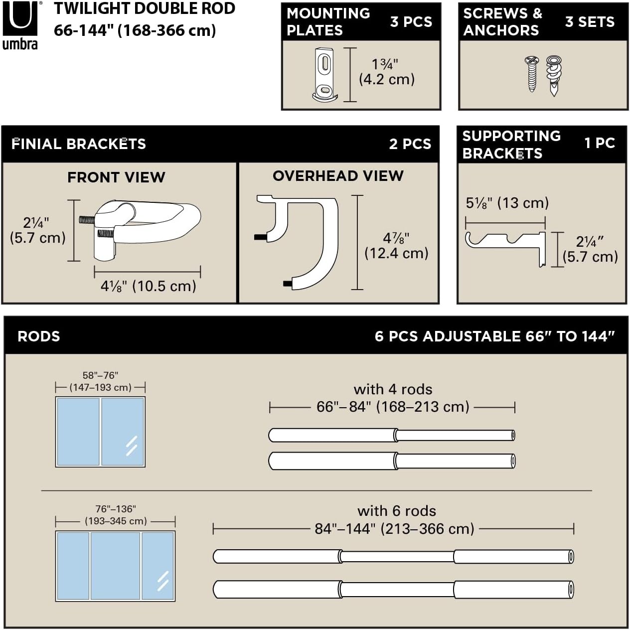 Umbra Twilight Double Curtain Rod Set – Wrap 66" to 144", Nickel