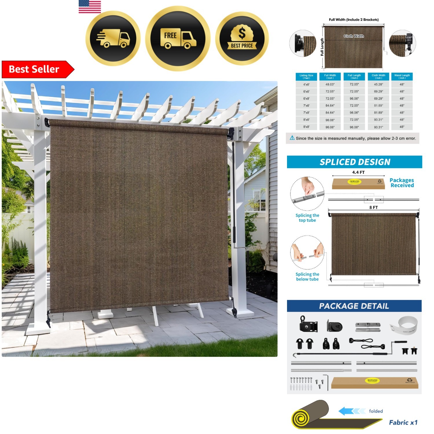 Outdoor Roller Shade 8×8 Mocha Patio Blinds Exterior Cordless UV Protection