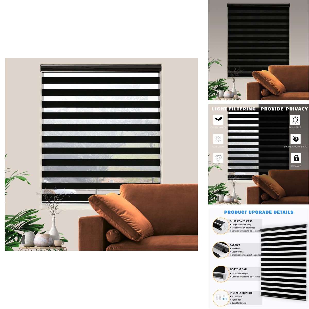 Jiangpin Textile Blackout Zebra Blinds Dual Layer Free-Stop Room Darkening