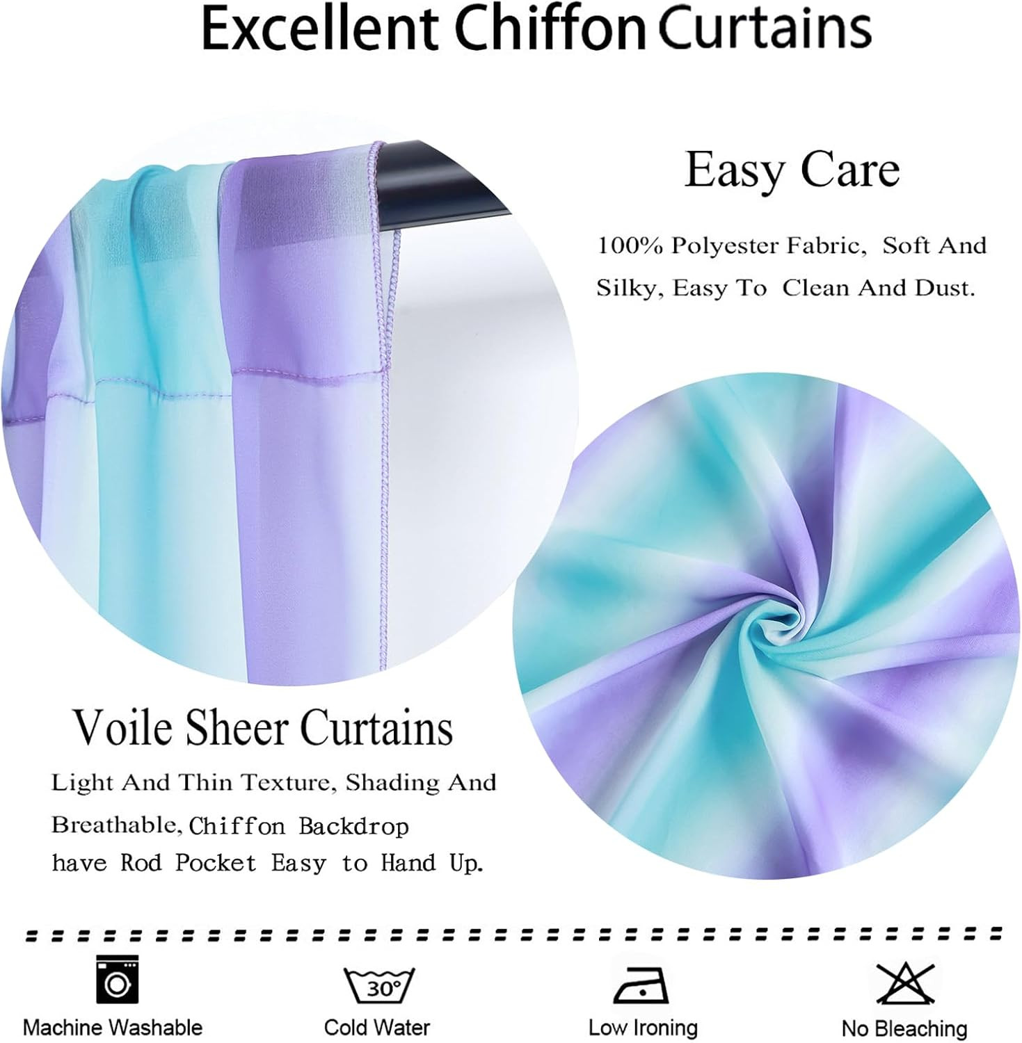 2-Pack Mermaid-Inspired Chiffon Curtain Panels – Long Ombre Aqua Turquoise Teal