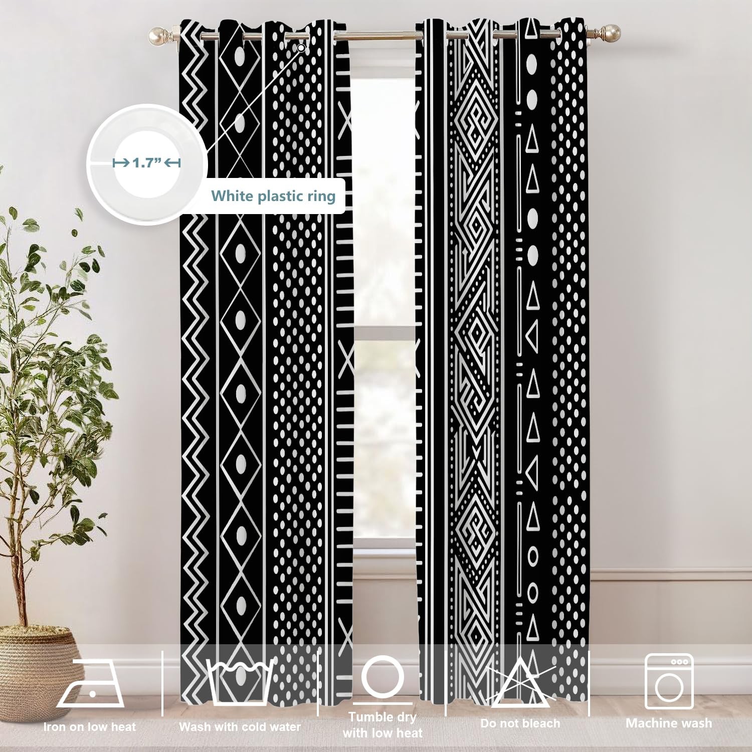 Traditional African Geometric Blackout Window Curtains, Black and White Triba…