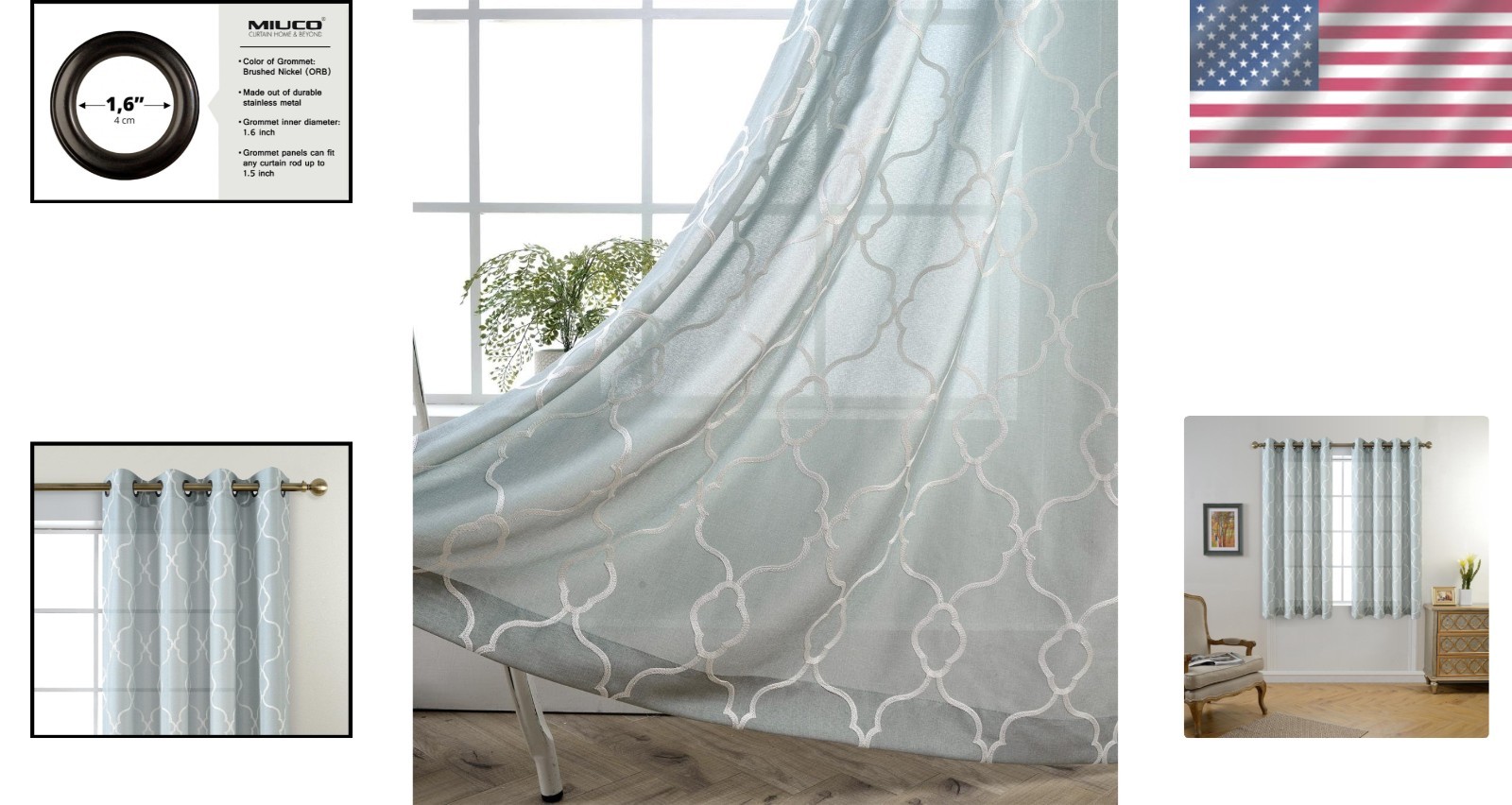 Luxurious Moroccan Embroidered Semi-Sheer Curtains – Sea Foam, 52×63 In (Pair)