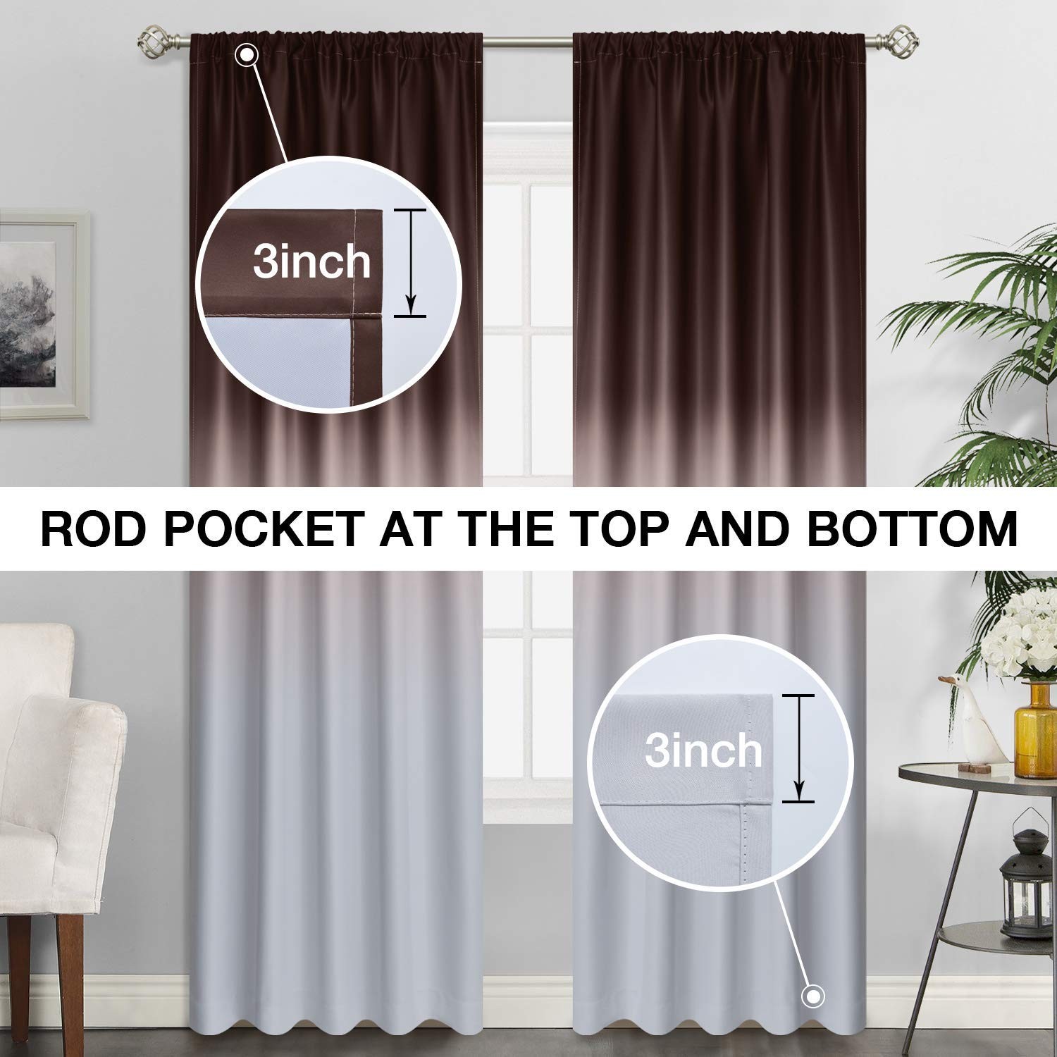 Brown Ombre Rod Pocket Curtains for Bedroom,52Wx84L