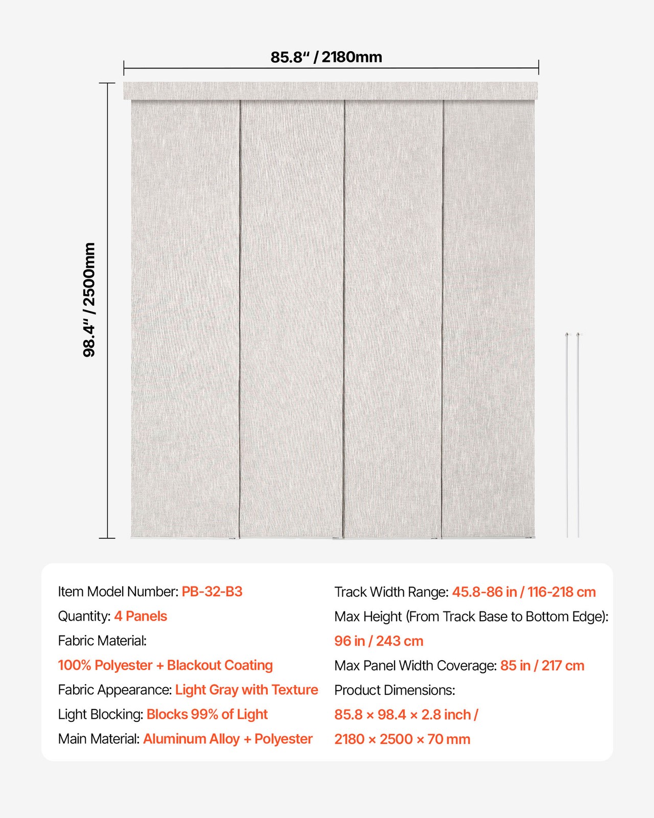 VEVOR Panel Track Blinds Extendable Track from 45.8 in to 86 in W Trimmable