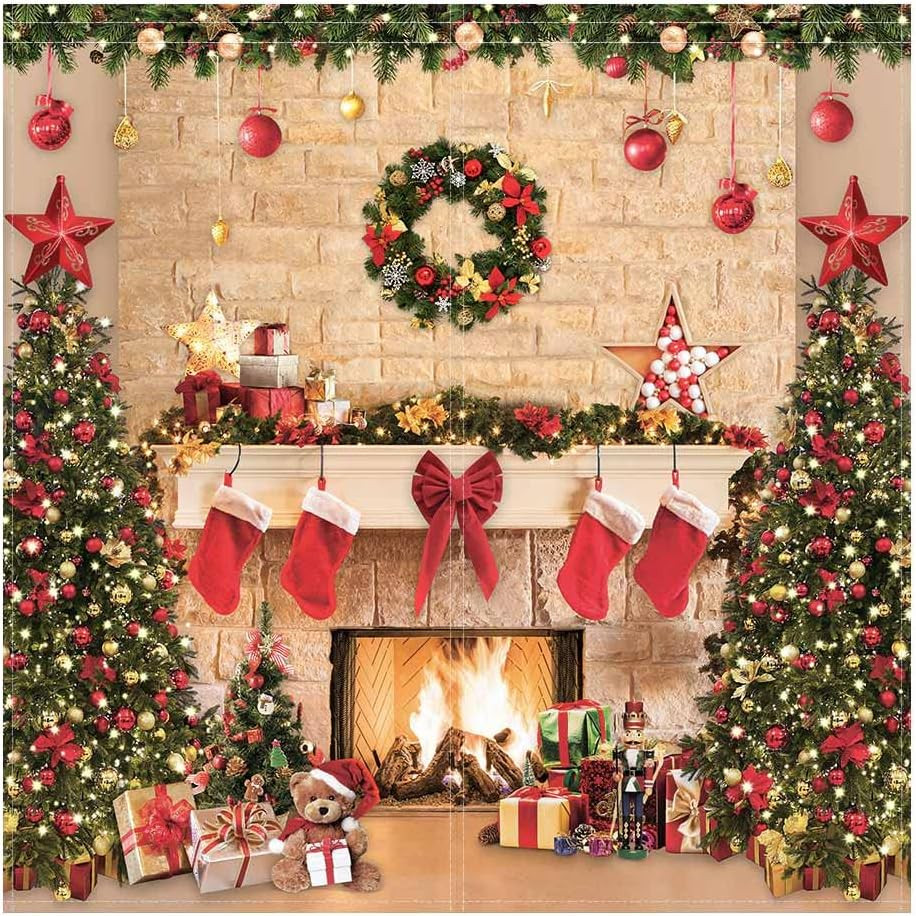 Christmas Fireplace Window Curtains for Kids Merry Xmas Winter New Year’S Eve Tr