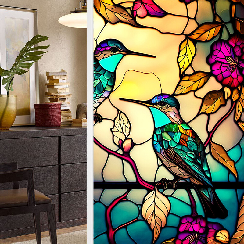 Colorful Retro Flower Birds Window Glass Electrostatic Stickers Removable