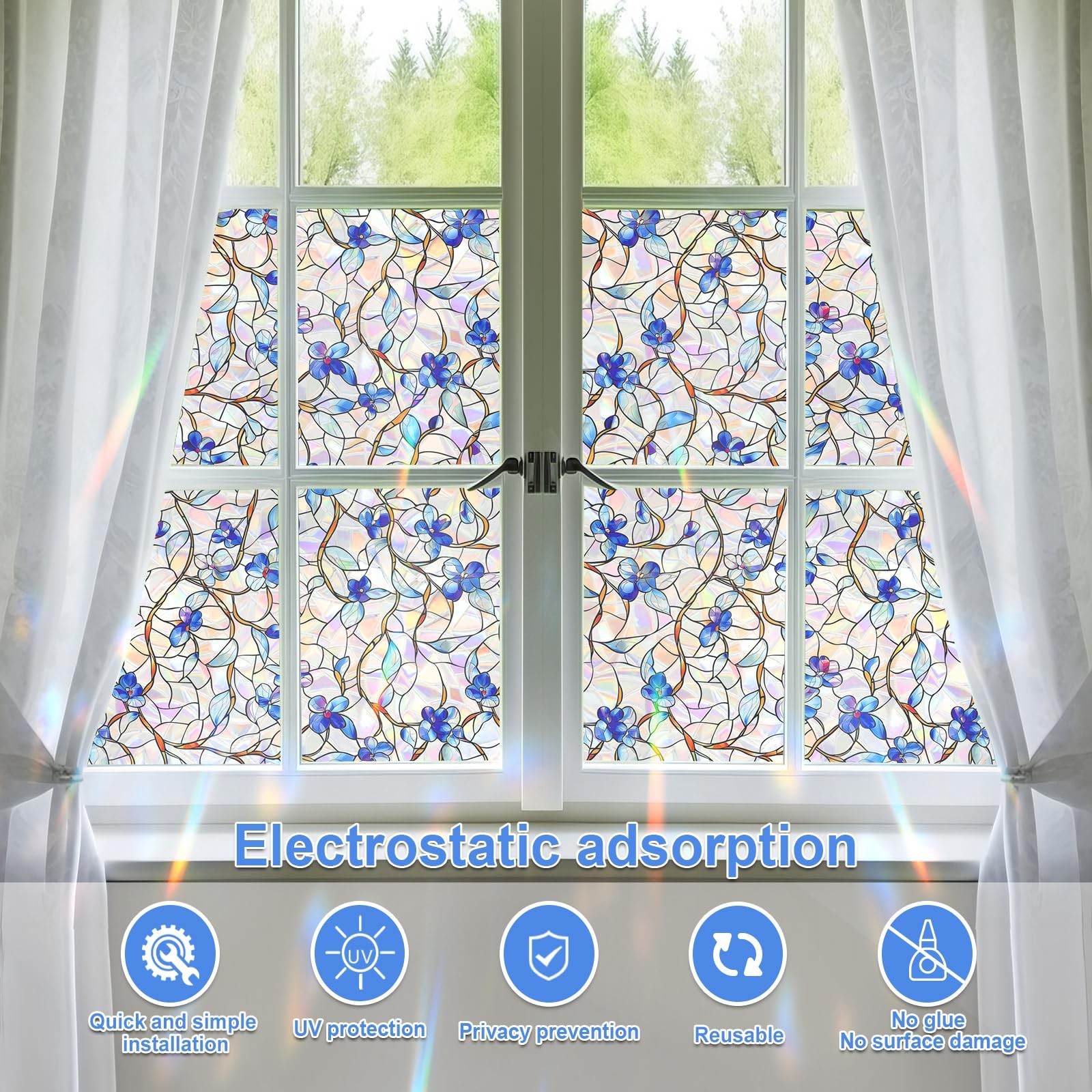 Window Privacy Film Stained Glass Decorative Static Clings Rainbow Window Tin…