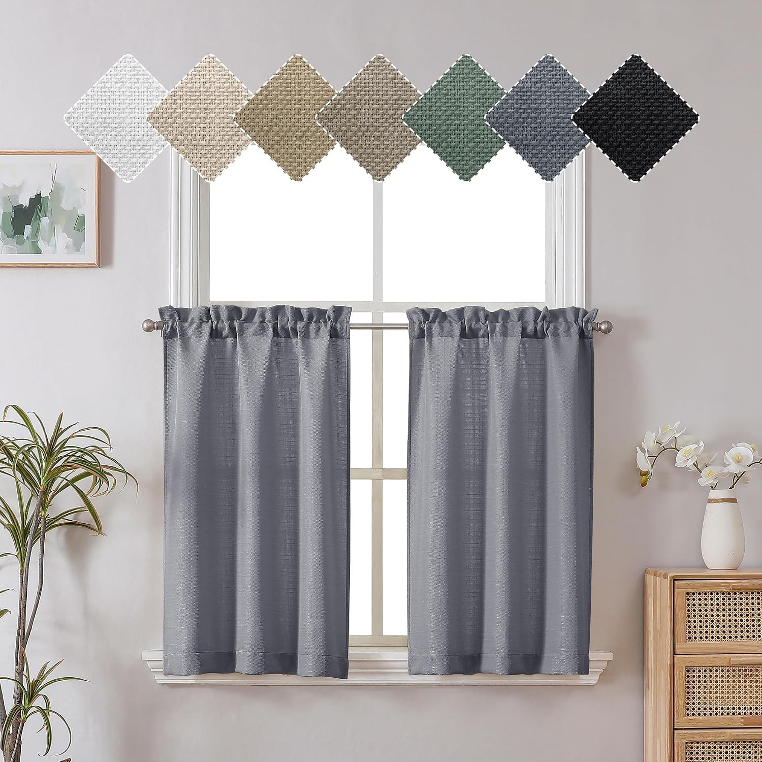 2 Panels Kitchen Curtains 36 Inch Length Tier Curtains, 30 x 36 inch Dark Grey