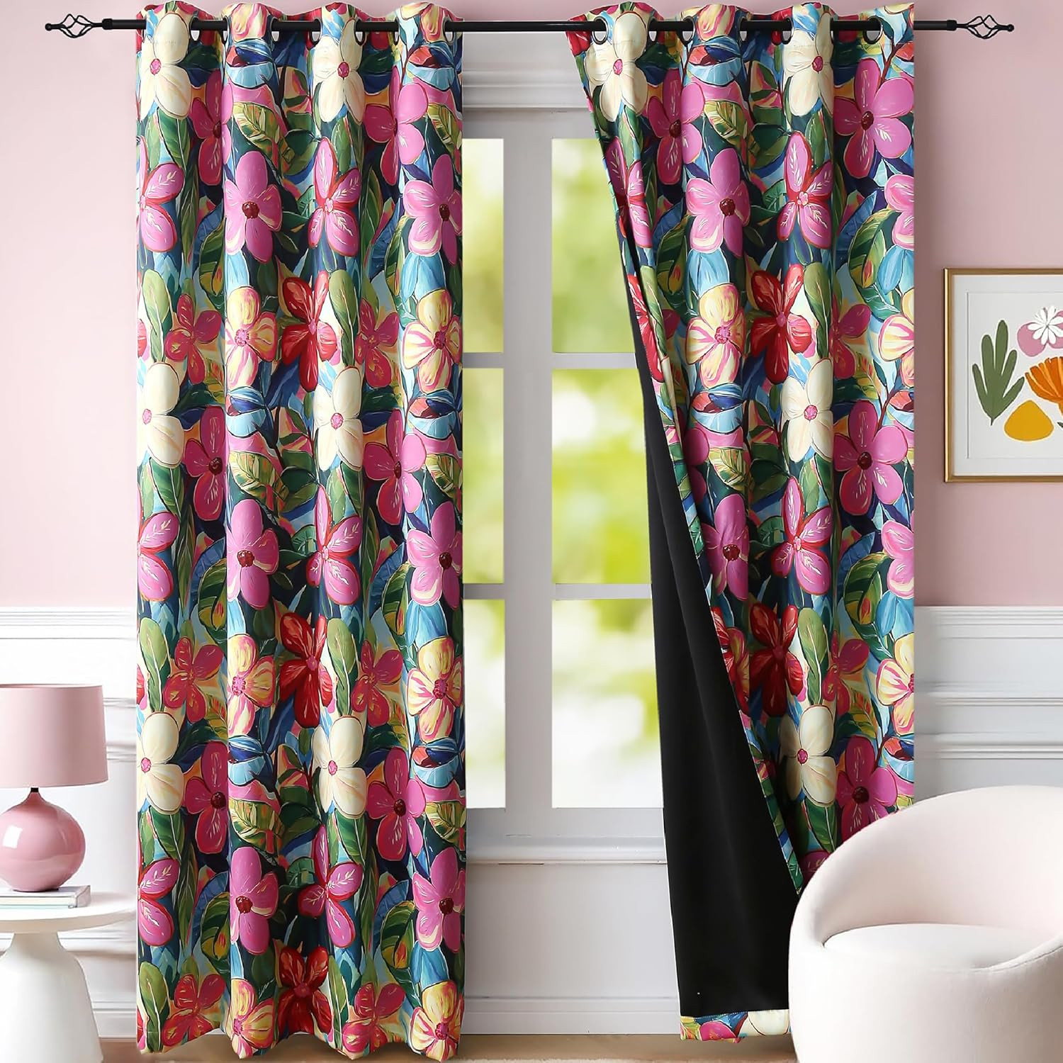 Vibrant Hot Pink Floral Blackout Curtains 72 Inch Length Light Blocking for Dark