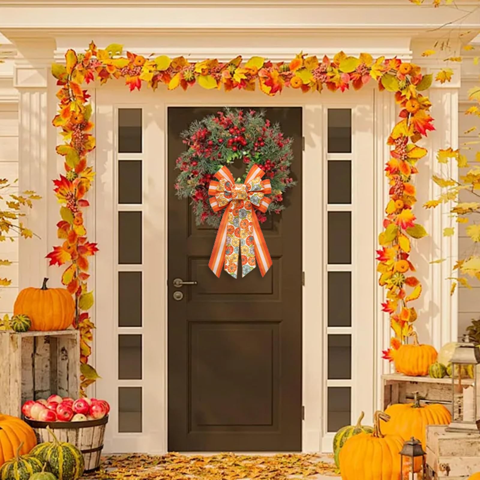 Large Fall Wreath Bows for Thanksgiving Autumn Bow, Colorful Pumpkin Brown St…