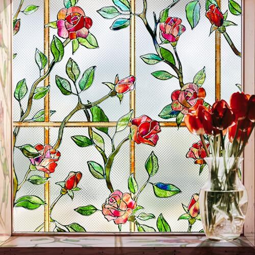 Stained Glass Window Privacy Film:3D Rose Bathroom 16.9 x 39.4IN Red