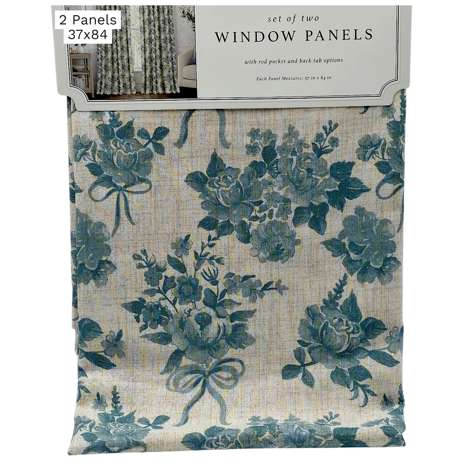 Envogue Floral Farmhouse Curtains Blue Linen Look Panels 37×84 Set of 2