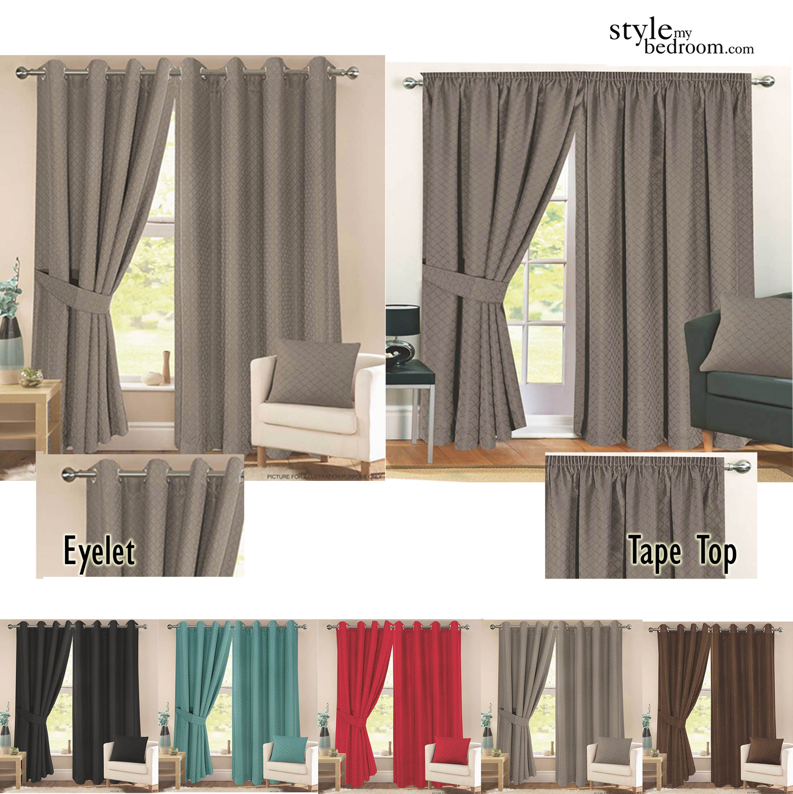 Pair Fully Lined Jacquard Diamond Detail Curtains + Ties in 11 Sizes & 6 Colours