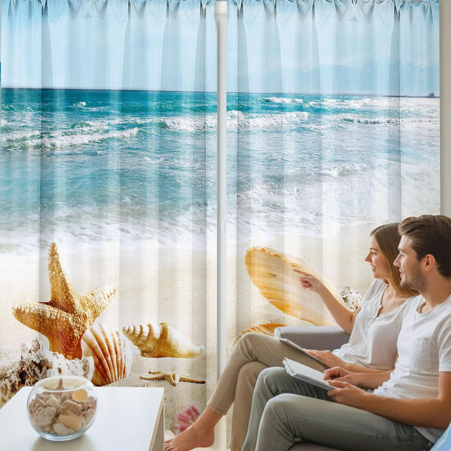 Ocean Beach Shell Starfish Window Curtain Panels 52 x 84 2 Piece Set Blue Gold