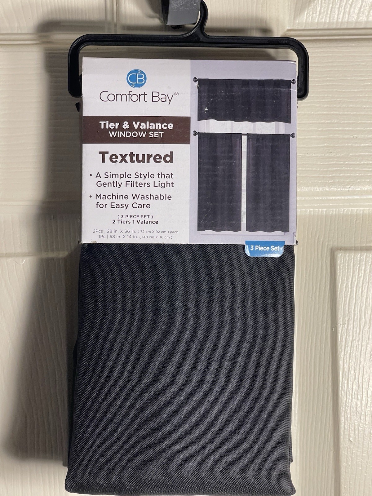COMFORT BAY~BLACK~TEXTURED~3 PIECE TIER & VALANCE CURTAIN SET~NEW~ROD POCKET