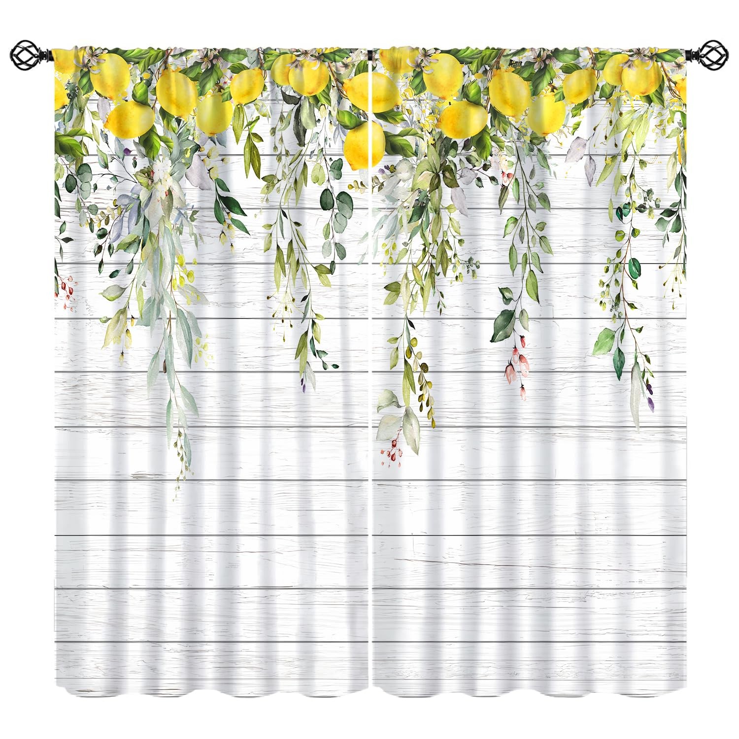 Lemon Curtains, Spring Floral Leaf Eucalyptus Leaves Yellow Farmhouse Wooden …