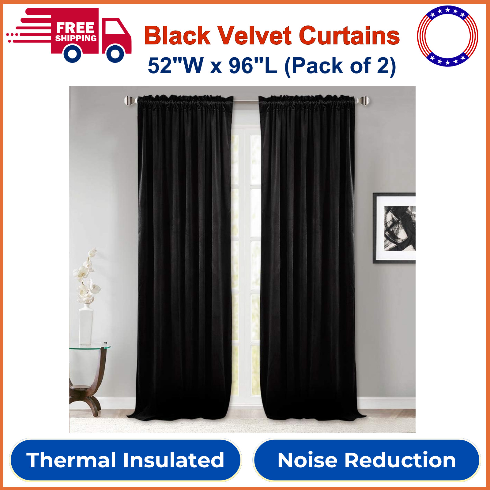 StangH Black Velvet Curtains 96 inches Long – Blackout Thermal Insulated Drapes